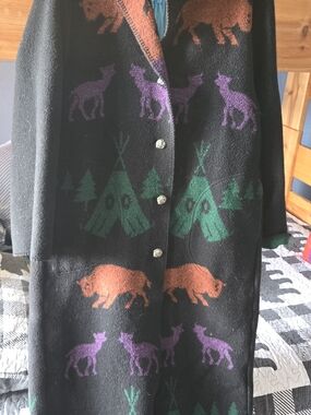 Black Mixed Wool Long Coat with Green, Orange, Purple Motif